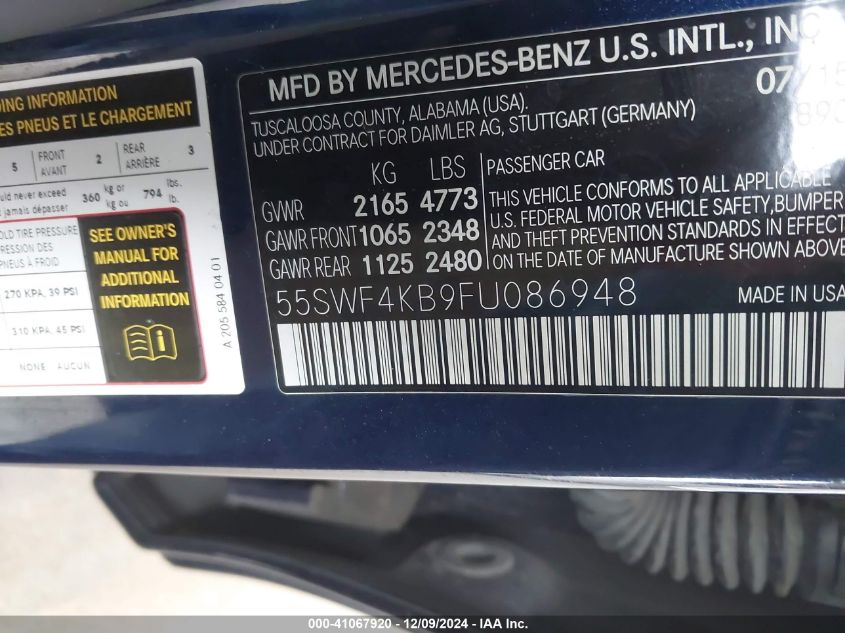 VIN 55SWF4KB9FU086948 2015 Mercedes-Benz C 300, 4Ma... no.9