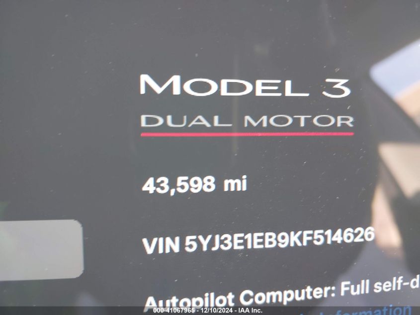 2019 Tesla Model 3 Long Range/Performance VIN: 5YJ3E1EB9KF514626 Lot: 41067965