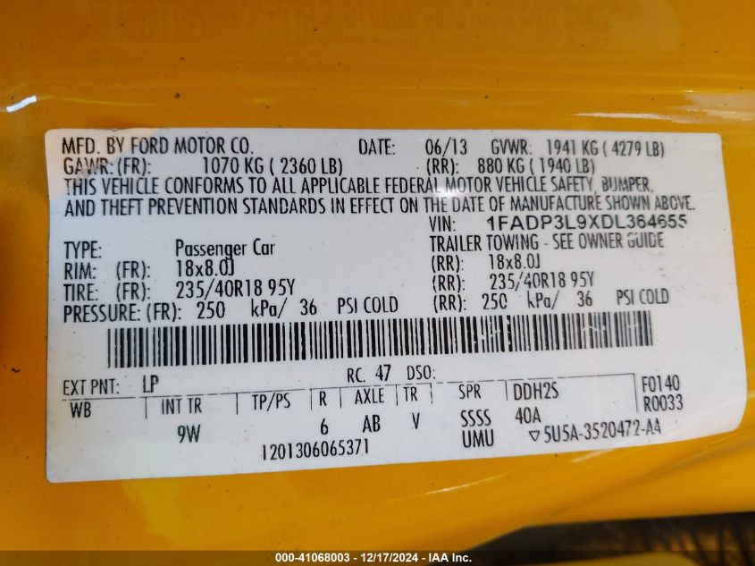 VIN 1FADP3L9XDL364655 2013 Ford Focus St no.9