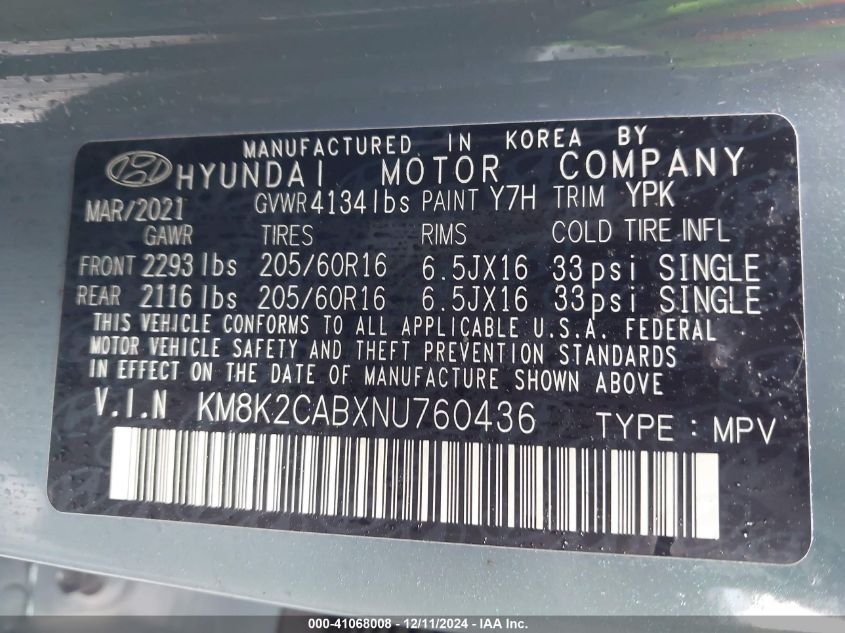VIN KM8K2CABXNU760436 2022 HYUNDAI KONA SE