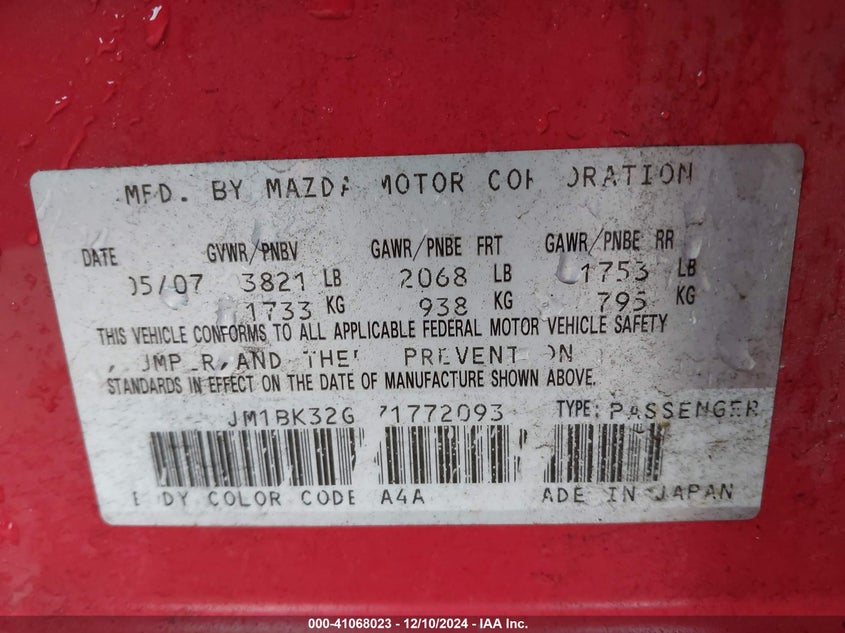 2007 MAZDA MAZDA3 VIN: JM1BK32G771772093