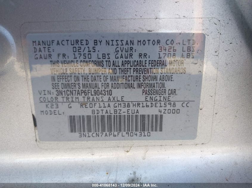 VIN 3N1CN7AP6FL904310 2015 NISSAN VERSA no.9