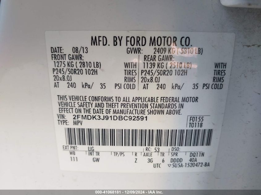 VIN 2FMDK3J91DBC92591 2013 Ford Edge, Sel no.9