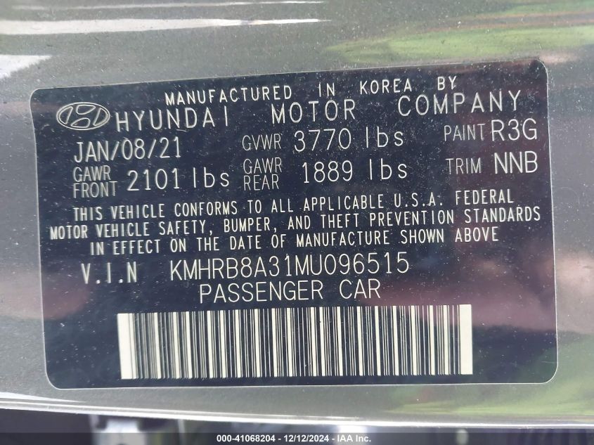 2021 Hyundai Venue Se VIN: KMHRB8A31MU096515 Lot: 41068204