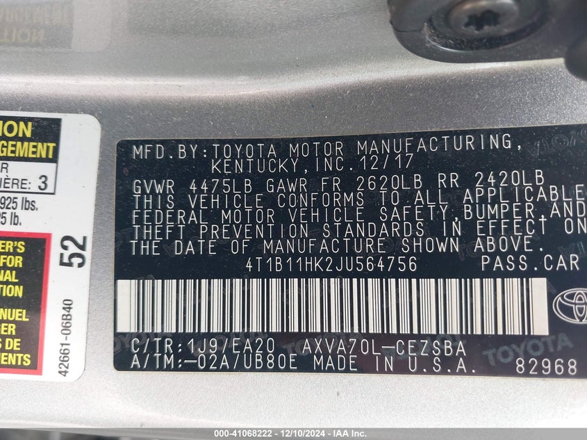 2018 TOYOTA CAMRY VIN: 4T1B11HK2JU564756