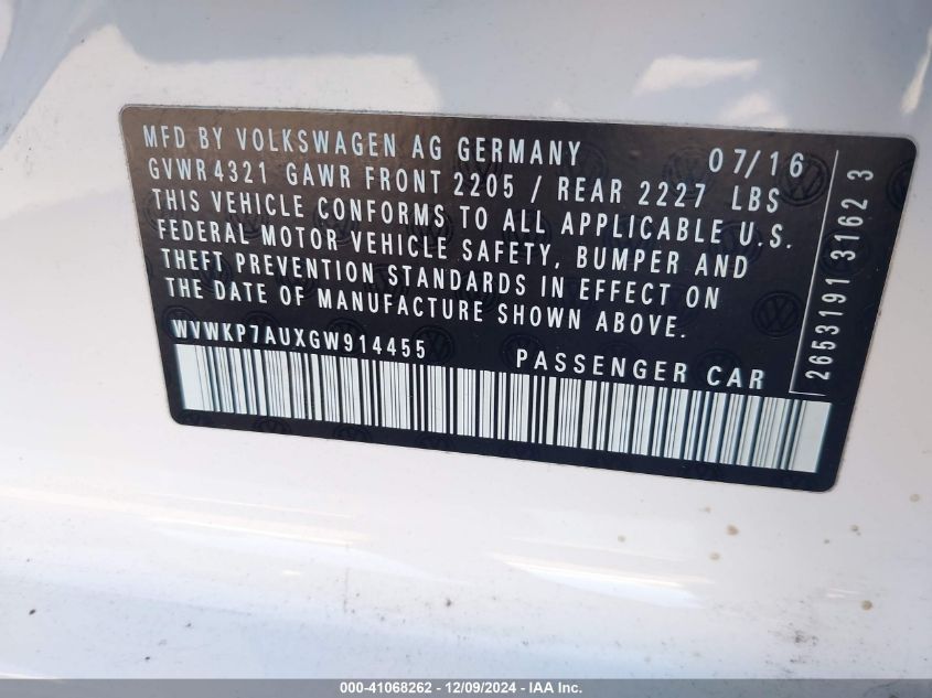 VIN WVWKP7AUXGW914455 2016 Volkswagen E-Golf, SE no.9