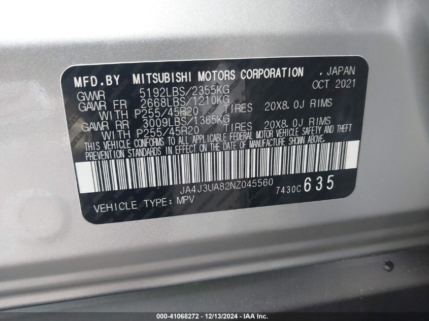 2022 Mitsubishi Outlander Se 2.5 2Wd VIN: JA4J3UA82NZ045560 Lot: 41068272