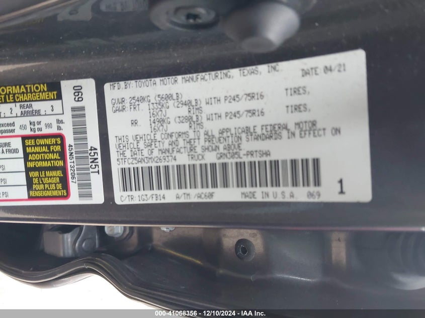 2021 TOYOTA TACOMA VIN: 5TFCZ5AN3MX269374