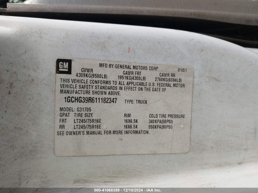 2001 Chevrolet Express VIN: 1GCHG39R611182347 Lot: 41068359