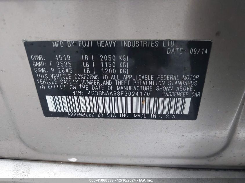 VIN 4S3BNAA68F3024170 2015 Subaru Legacy, 2.5I no.9