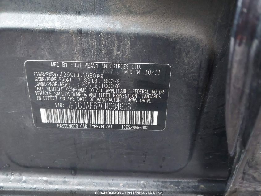 2012 Subaru Impreza 2.0I Premium VIN: JF1GJAE65CH004605 Lot: 41068493