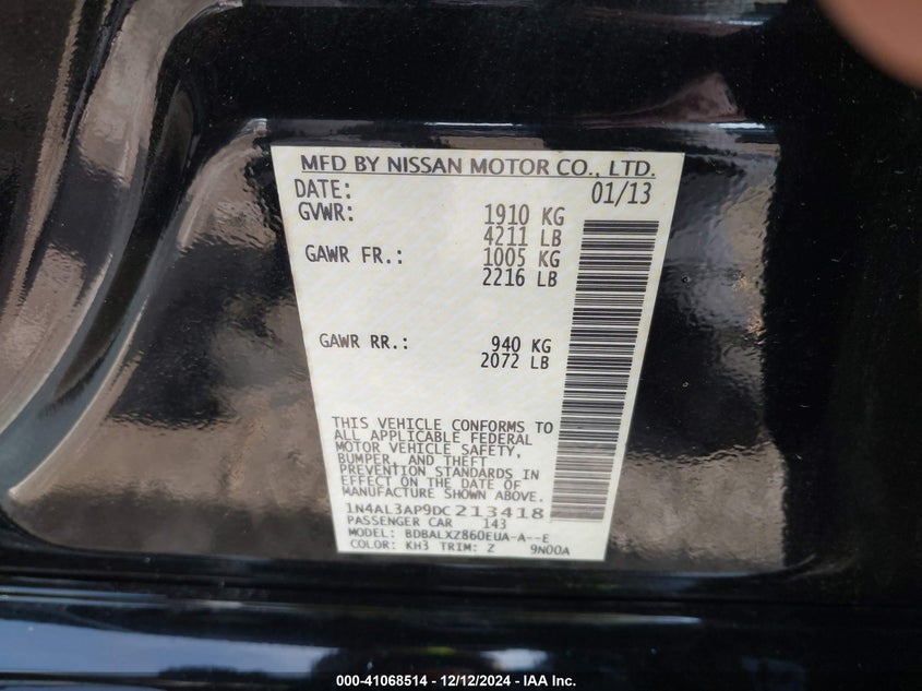 2013 NISSAN ALTIMA VIN: 1N4AL3AP9DC213418