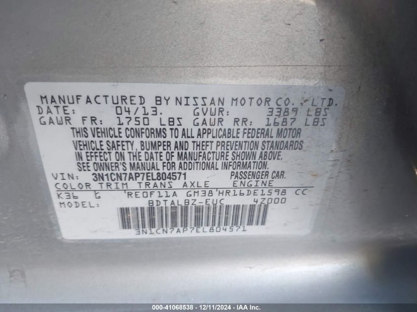 VIN 3N1CN7AP7EL804571 2014 NISSAN VERSA no.9