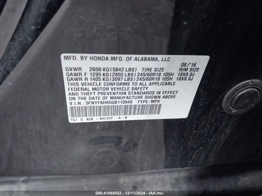 VIN 5FNYF6H65GB110549 2016 Honda Pilot, Ex-L no.9