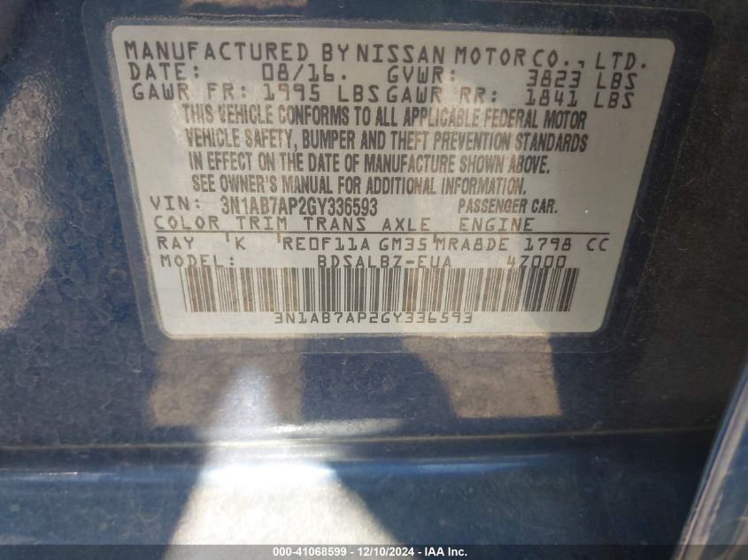 VIN 3N1AB7AP2GY336593 2016 Nissan Sentra, S no.9