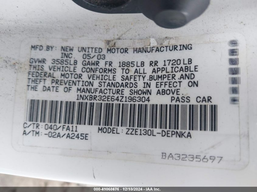 2004 Toyota Corolla Le VIN: 1NXBR32E64Z196304 Lot: 41068676