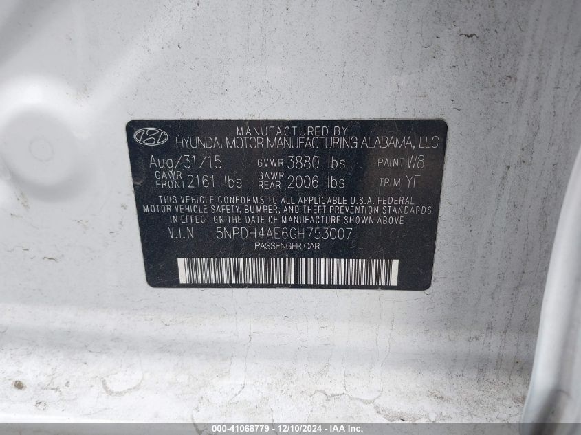 VIN 5NPDH4AE6GH753007 2016 Hyundai Elantra, SE no.9