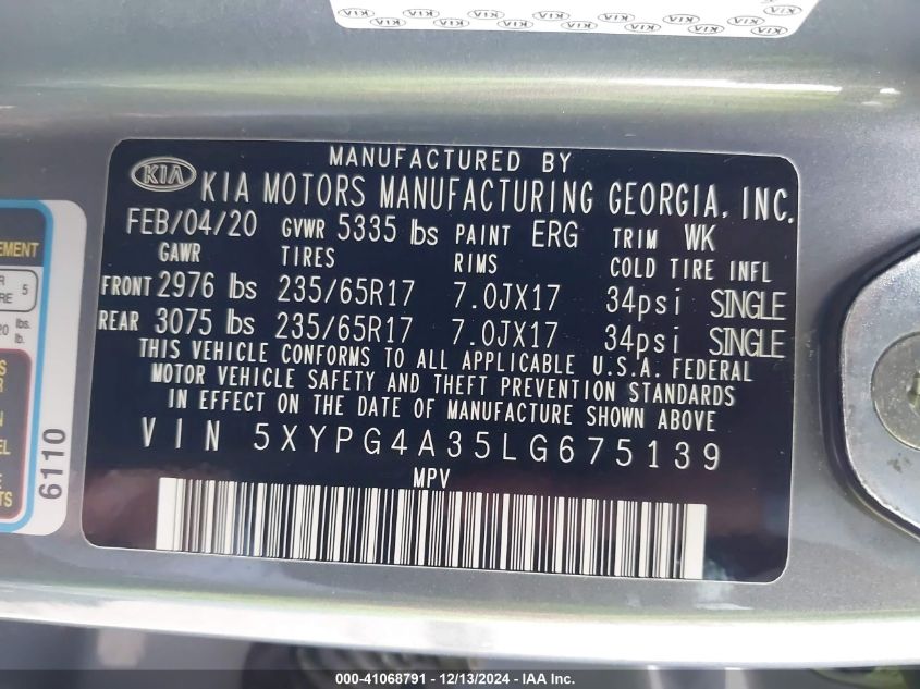 2020 Kia Sorento 2.4L Lx VIN: 5XYPG4A35LG675139 Lot: 41068791