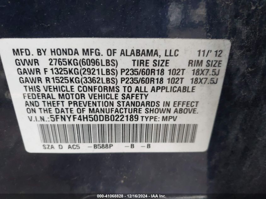 VIN 5FNYF4H50DB022189 2013 HONDA PILOT no.9