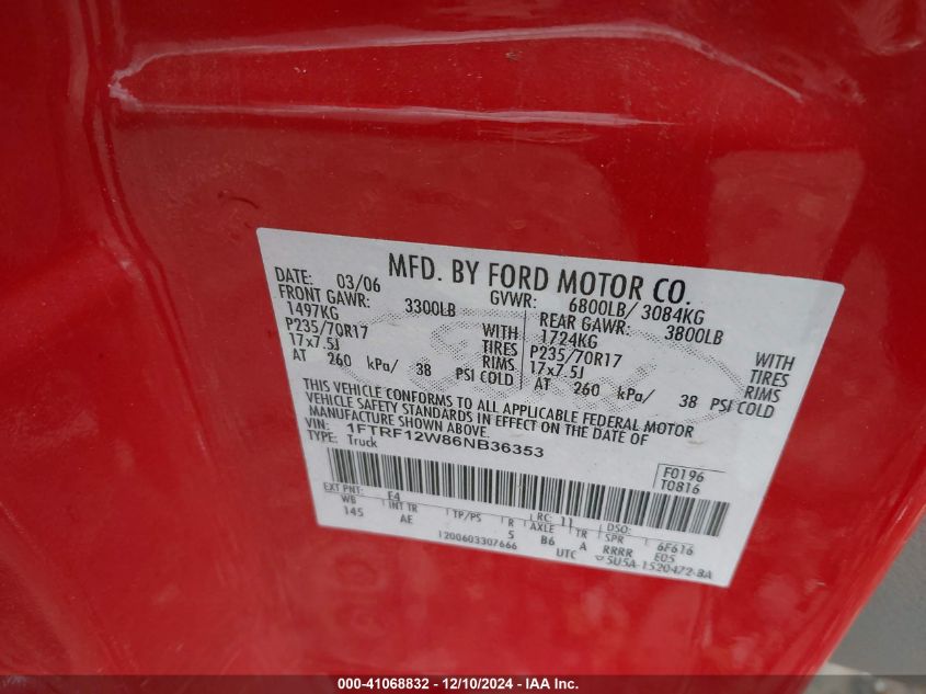2006 Ford F-150 Stx/Xl/Xlt VIN: 1FTRF12W86NB36353 Lot: 41068832