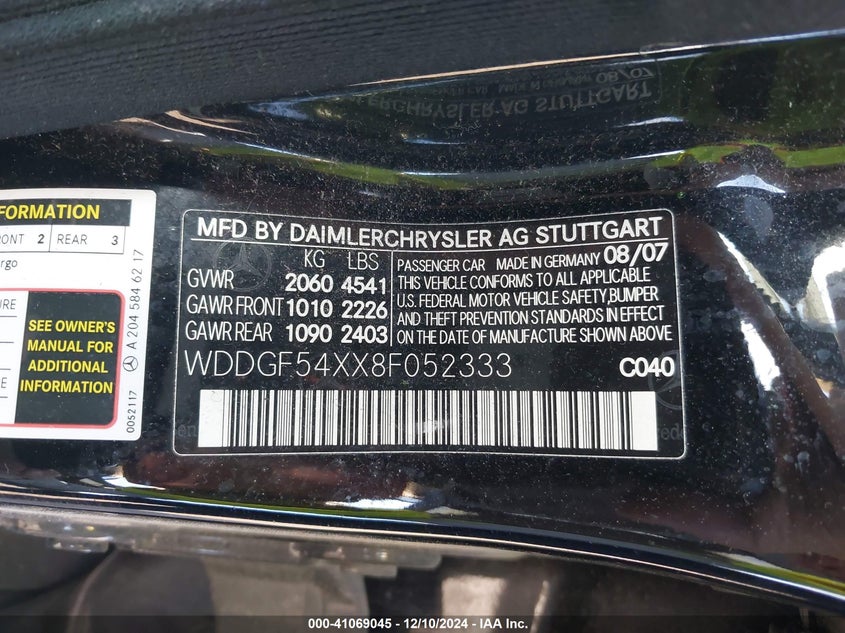 2008 MERCEDES-BENZ C 300 VIN: WDDGF54XX8F052333