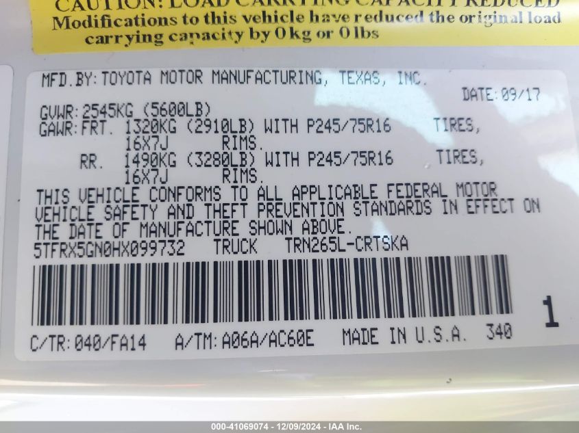 2017 Toyota Tacoma Sr VIN: 5TFRX5GN0HX099732 Lot: 41069074