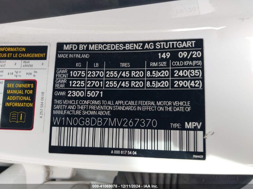 2021 Mercedes-Benz Glc 300 Suv VIN: W1N0G8DB7MV267370 Lot: 41069078