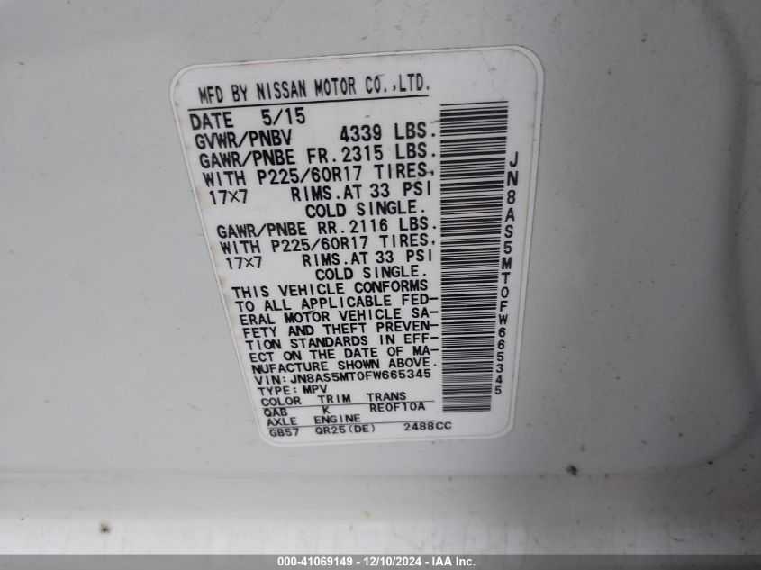 VIN JN8AS5MT0FW665345 2015 Nissan Rogue, Select S no.9