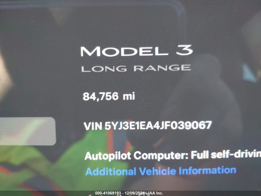 2018 Tesla Model 3 Long Range/Mid Range VIN: 5YJ3E1EA4JF039067 Lot: 41069193