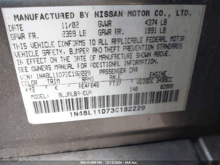 2003 Nissan Altima 3.5 Se VIN: 1N4BL11D73C182229 Lot: 41069198