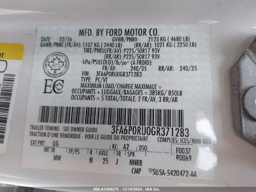 VIN 3FA6P0RU0GR371283 2016 Ford Fusion, Hybrid Tita... no.9