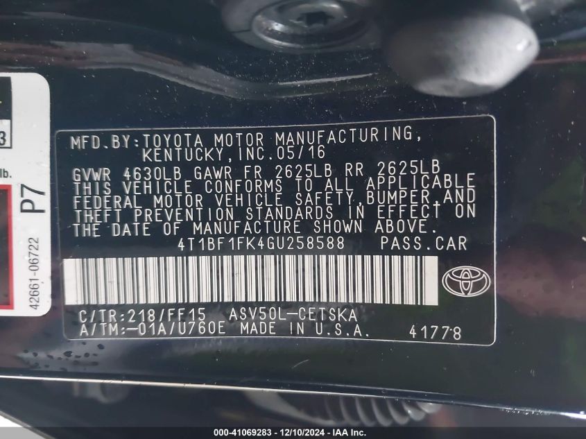 VIN 4T1BF1FK4GU258588 2016 Toyota Camry, SE no.9