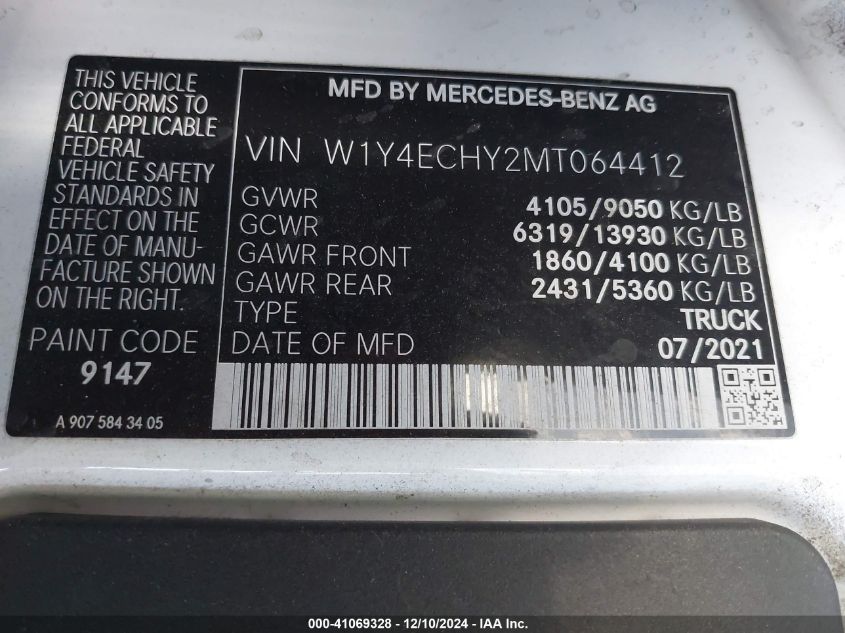 2021 Mercedes-Benz Sprinter 2500 High Roof V6 VIN: W1Y4ECHY2MT064412 Lot: 41069328