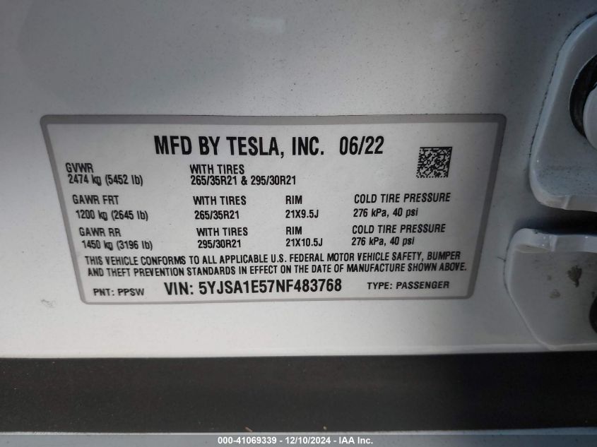 2022 Tesla Model S Dual Motor All-Wheel Drive VIN: 5YJSA1E57NF483768 Lot: 41069339