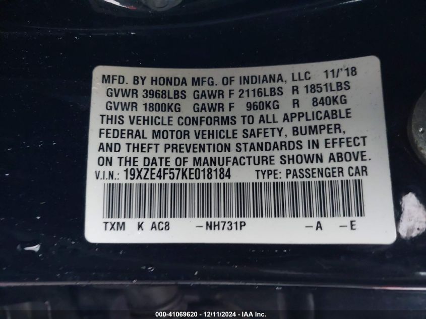 2019 Honda Insight Ex VIN: 19XZE4F57KE018184 Lot: 41069620