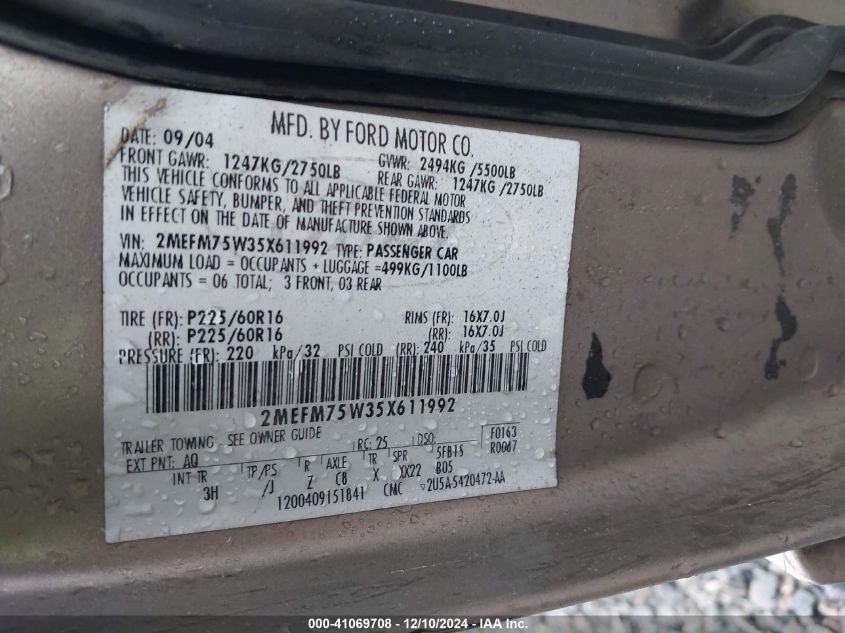 2005 Mercury Grand Marquis Ls/Lse VIN: 2MEFM75W35X611992 Lot: 41069708