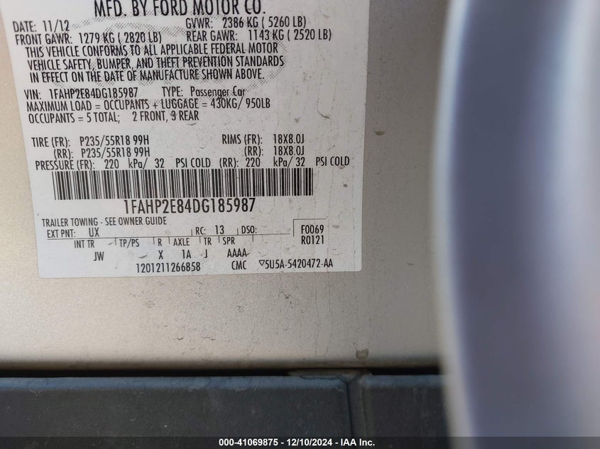 2013 FORD TAURUS SEL - 1FAHP2E84DG185987