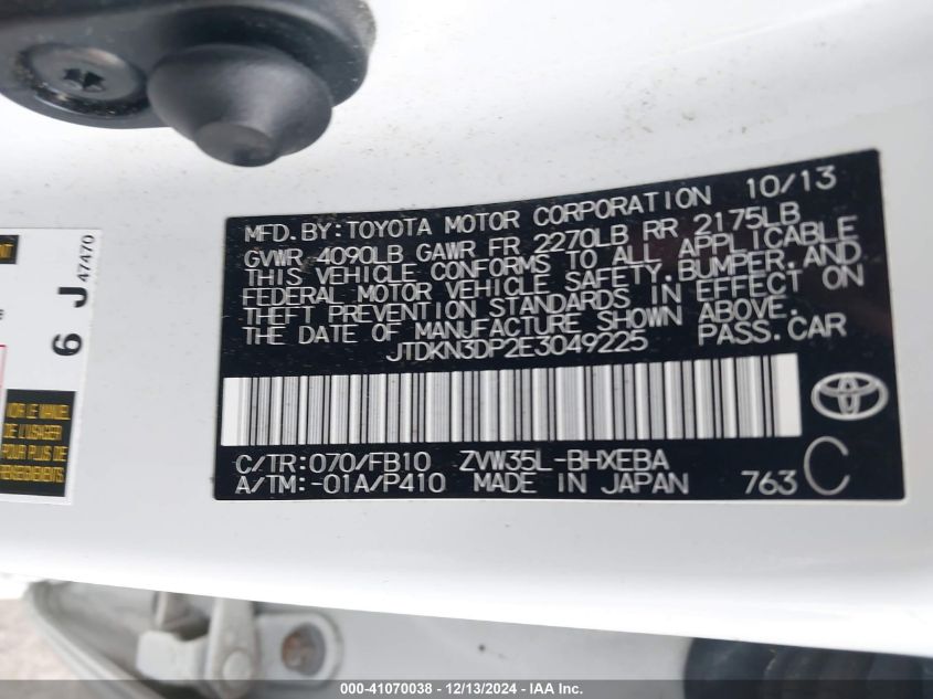 VIN JTDKN3DP2E3049225 2014 Toyota Prius, Plug-In Ba... no.9