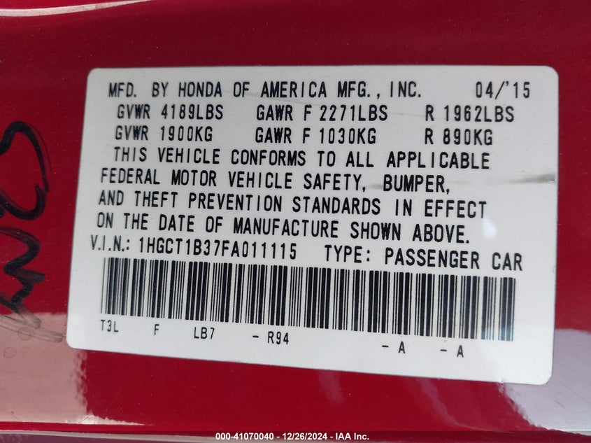 2015 HONDA ACCORD VIN: 1HGCT1B37FA011115