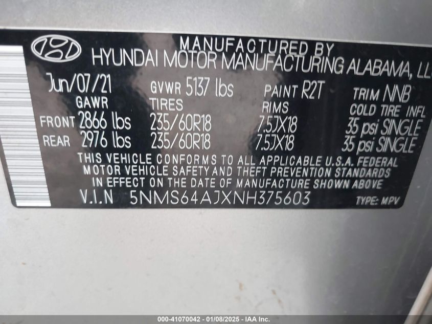 VIN 5NMS64AJXNH375603 2022 HYUNDAI SANTA FE no.9