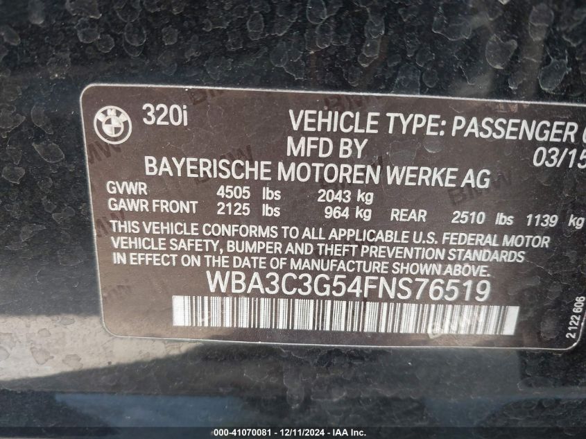 VIN WBA3C3G54FNS76519 2015 BMW 320I no.9