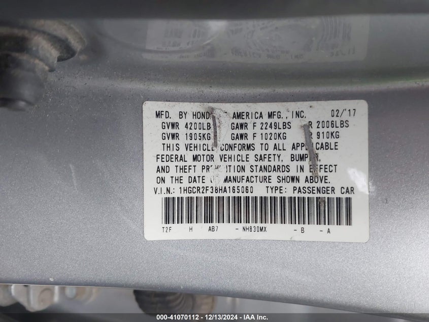 2017 HONDA ACCORD VIN: 1HGCR2F38HA165060