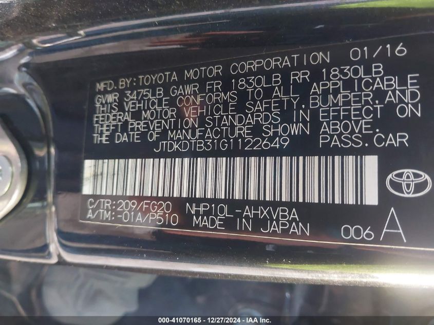 VIN JTDKDTB31G1122649 2016 TOYOTA PRIUS C no.9