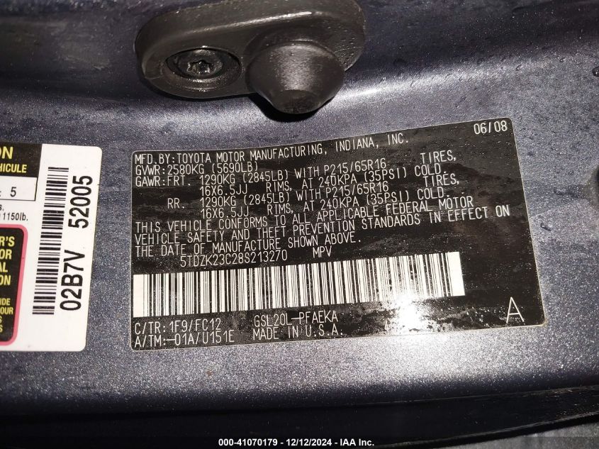 2008 Toyota Sienna Le VIN: 5TDZK23C28S212270 Lot: 41070179