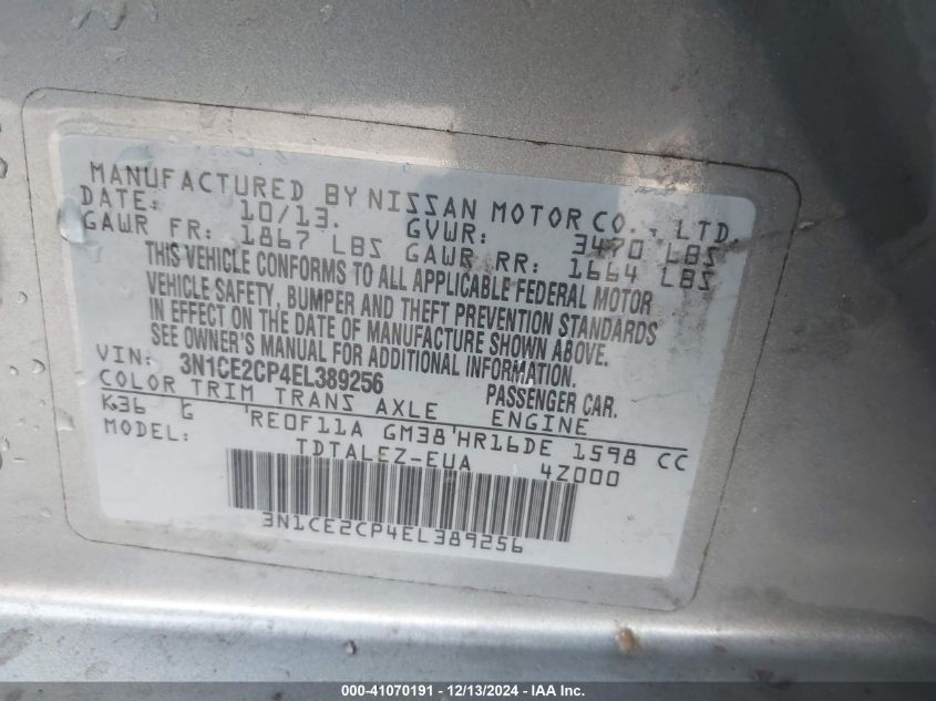 VIN 3N1CE2CP4EL389256 2014 Nissan Versa, Note SV no.9