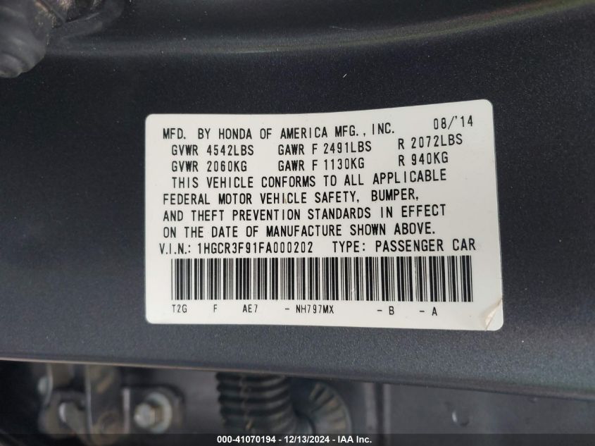 VIN 1HGCR3F91FA000202 2015 Honda Accord, Touring no.9