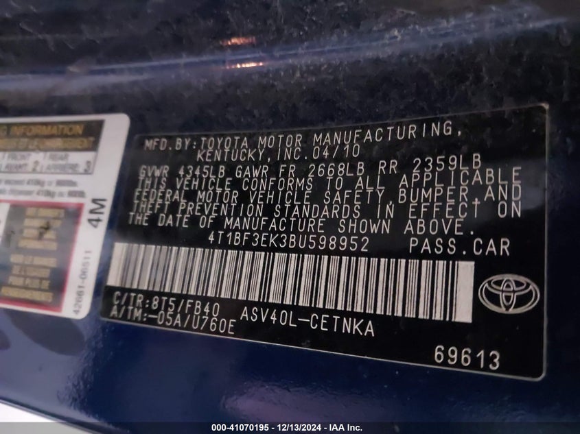 2011 TOYOTA CAMRY VIN: 4T1BF3EK3BU598952