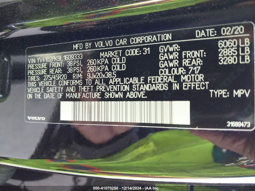 VIN YV4102PK9L1609333 2020 Volvo XC90, T5 Momentum... no.9