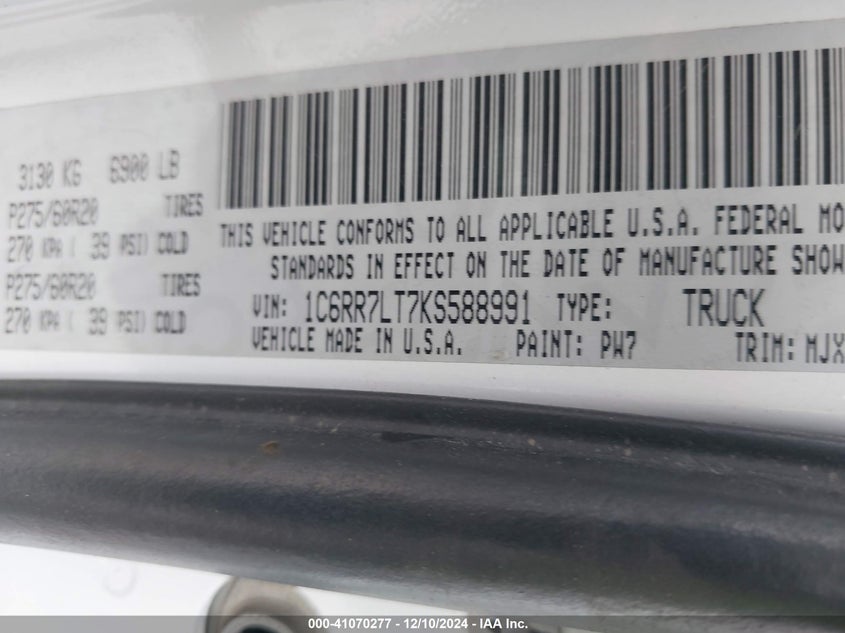 2019 RAM 1500 CLASSIC VIN: 1C6RR7LT7KS588991