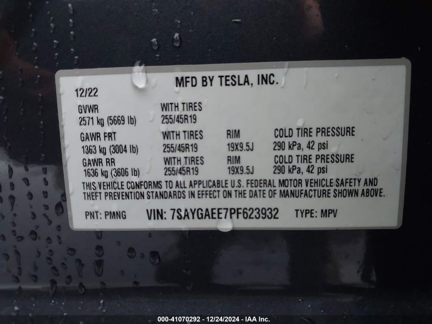 VIN 7SAYGAEE7PF623932 2023 Tesla Model Y, Awd/Long... no.9